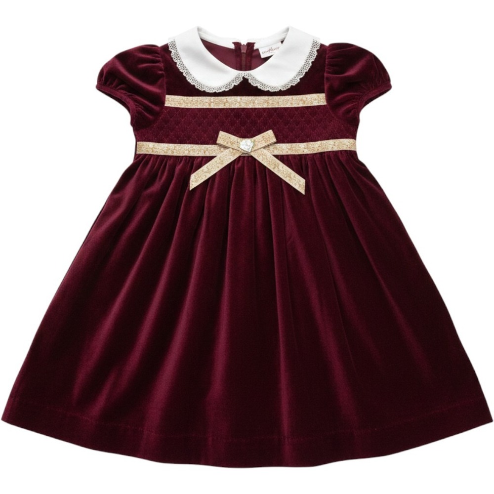 B.T. Kids Burgundy Velvet‎ Dress Toddler Girls 4T Lace Collar Smocked Bows